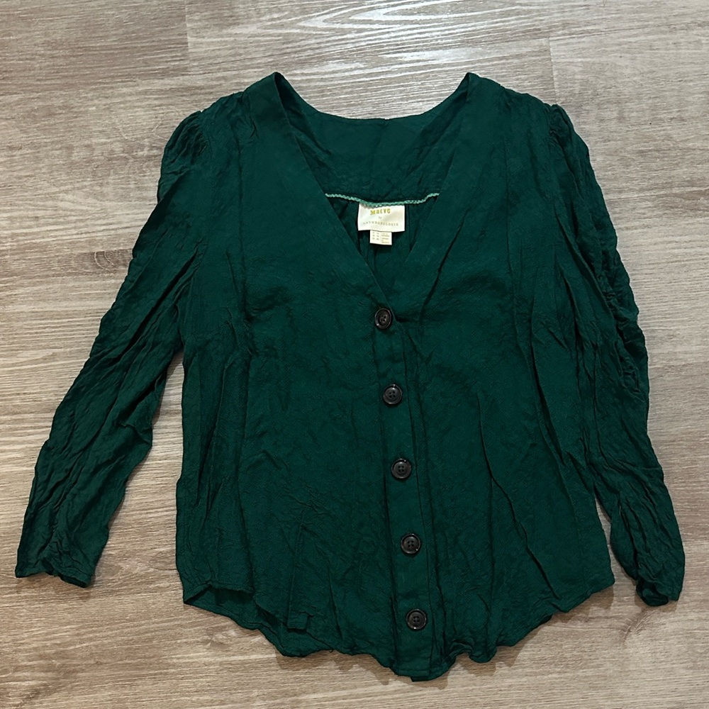 Maeve by Anthropologie Emerald Ruched Sleeve Button-Down Blouse - Picture 4 of 8